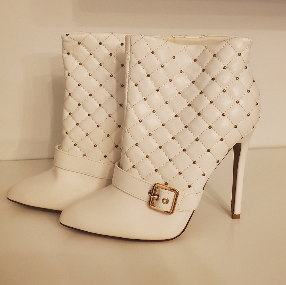 Quilted White & Golf Studded Ankle Boots